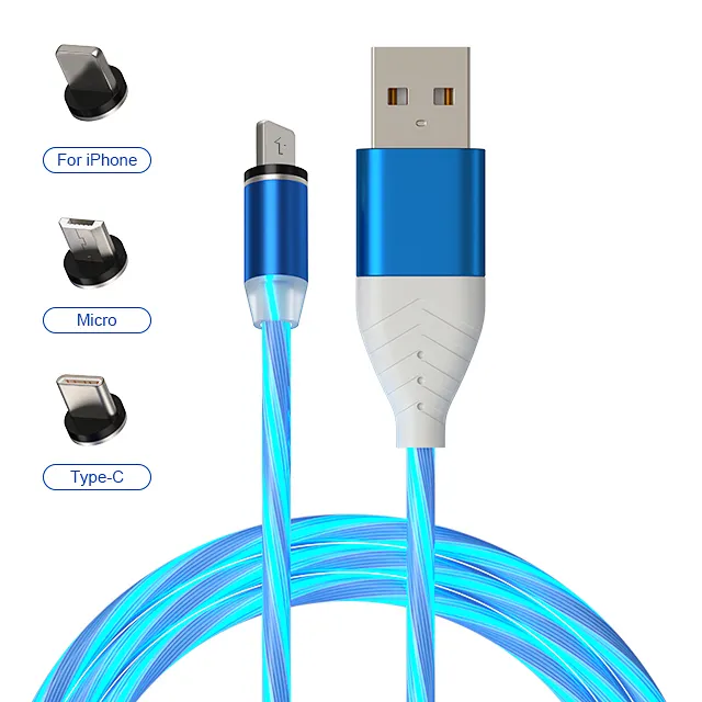 Kabel Ponsel Magnetik Led Flow 3 In 1, Kabel Ponsel Magnet untuk Iphone Micro Usb C Penjualan Laris