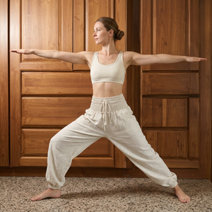 Pantalon de yoga pour femme en mélange de chanvre et de coton, style sarouel, longueur cheville, ODM, décontracté d'été, taille mi-haute élastique avec cordon de serrage, antistatique - Product Image 5