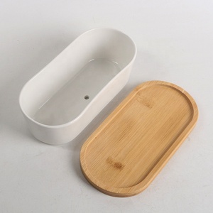 Pot de fleurs en céramique <span class=keywords><strong>rond</strong></span> blanc de grande taille pour plantes d'intérieur, décoration de bureau, avec plateau en bois - Product Image 4