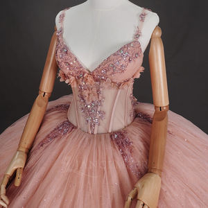 WC044 <b>Pink</b> Chiffon Ball Gown Quinceanera Party <b>Dresses</b> with Floral Appliques Lace-Up Natural Waistline Anti-static for - Product Image 5