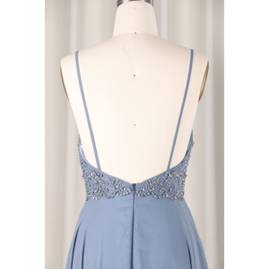 Bụi Màu Xanh Vải Tuyn Đêm Đảng Satin Ăn Mặc Hiện Đại V Không Tay Sang Trọng Voan Trang Phục Chính Thức Dài Đính Cườm Mô Hình Thiết Kế Buổi Tối - Product Image 6