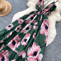 Robe longue décontractée pour femme WIWT, à bretelles spaghetti, col en V, imprimé floral, coupe trapèze, dos nu, ourlet à volants, pour les vacances et les soirées