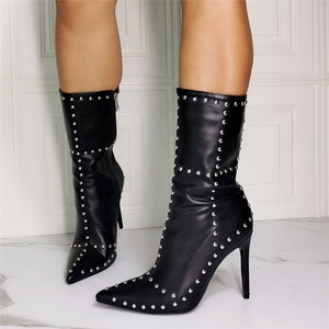 <b>Round</b> Rivets Ornament Women High Thin <b>Heel</b> Mid-calf Boots Pointed <b>Toe</b> Side Zipper Half Knee High Women Booties Big Size 47 - Product Image 1