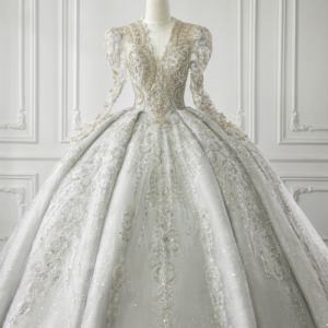 Ophelisa Abito da Sposa di Lusso Stile Principessa <span class=keywords><strong>Argento</strong></span> Scintillante Maniche Lunghe Scollo a V Ricamato in Pizzo con Fiori Cristalli e Applique - Product Image 2