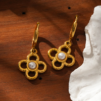 Boucles d'oreilles pendantes en acier inoxydable plaqué or 18 carats, style rétro chinois, trèfle à quatre feuilles, perles, boucles d'oreilles pour femmes, style anniversaire