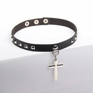 Wholesale Zinc Alloy <strong>Gothic</strong> Cross Adjustable Leather Necklace Spiked <strong>Choker</strong> for Girls - Product Image 2
