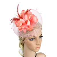 Fascinator en maille élastique de style européen et américain, avec fleurs et plumes, pour fête du thé, bandeau de mariée avec voile, pour femme