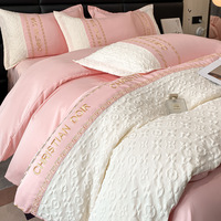 Parure de lit quatre pièces en soie glacée d'été, écologique, durable, de qualité supérieure, motif géométrique, mélange polyester-coton, ultra-douce et soyeuse