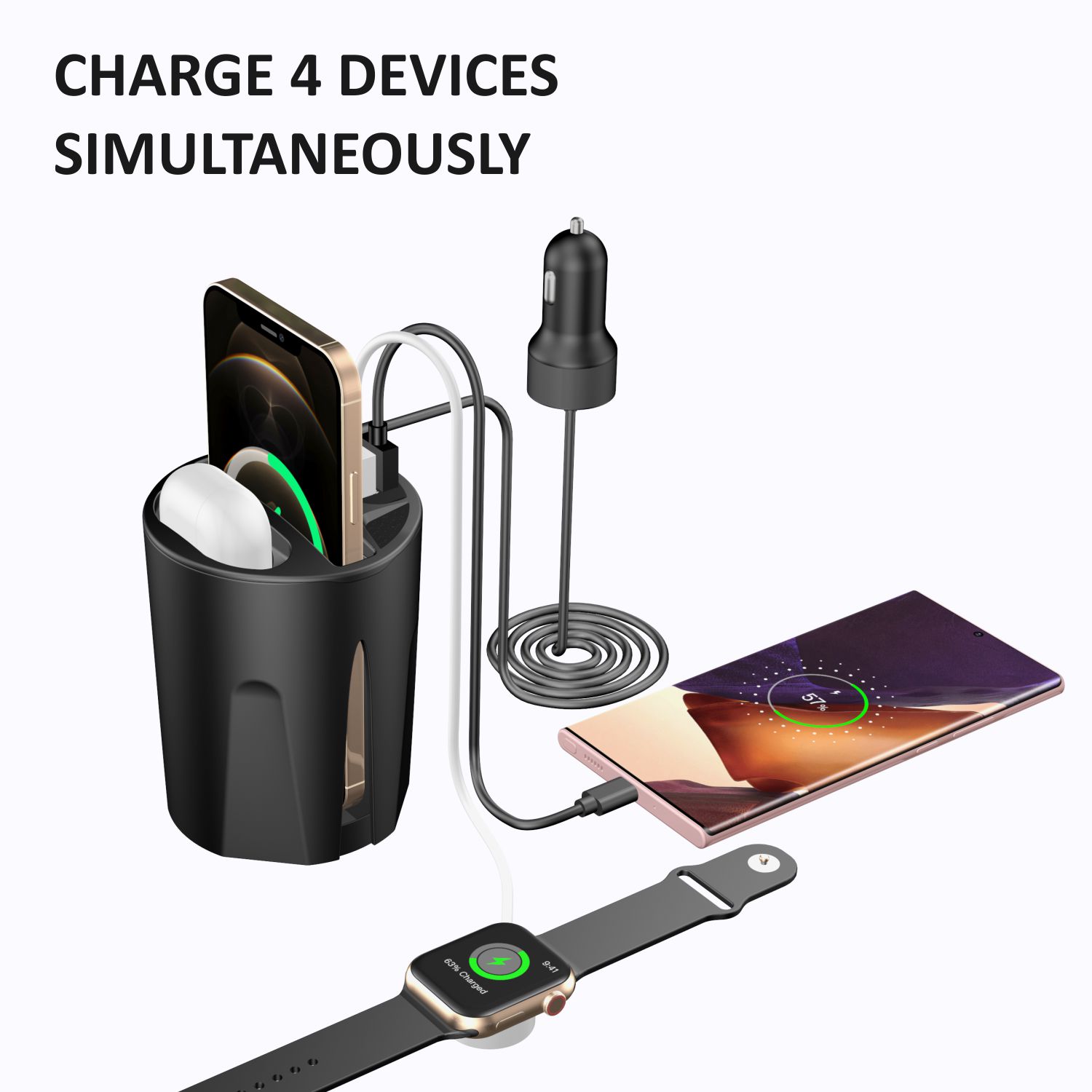 4in1 Multifunctional Wireless Charger In Car Cup for 2 mobile phone, airpods, apple watch