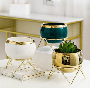 <span class=keywords><strong>Mini</strong></span> <span class=keywords><strong>pot</strong></span> de fleurs en céramique de porcelaine pour plantes succulentes, décoration de jardin intérieur/extérieur, avec support géométrique en métal doré et drainage - Product Image 5