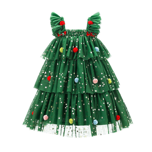 Venta al por mayor niños niño pequeño Navidad elegante vestido en capas niños fiesta Correa verde tutú vestido Boutique estrella estampado lindo vestido - Product Image 5