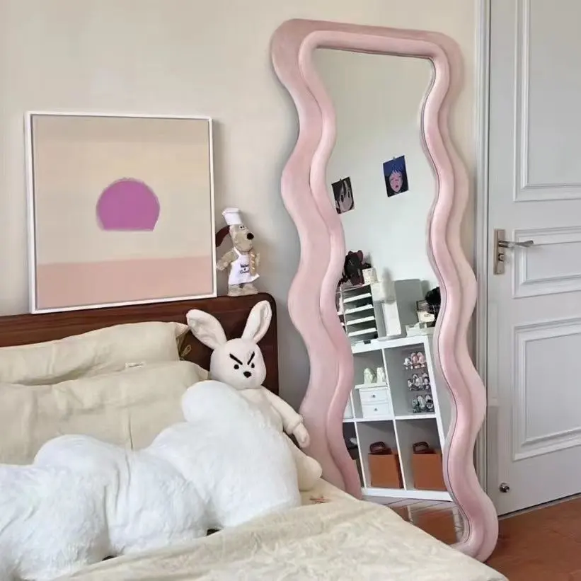 Cermin lantai bergelombang merah muda Diskon besar-besaran cermin furnitur rias panjang penuh Kamar Tidur