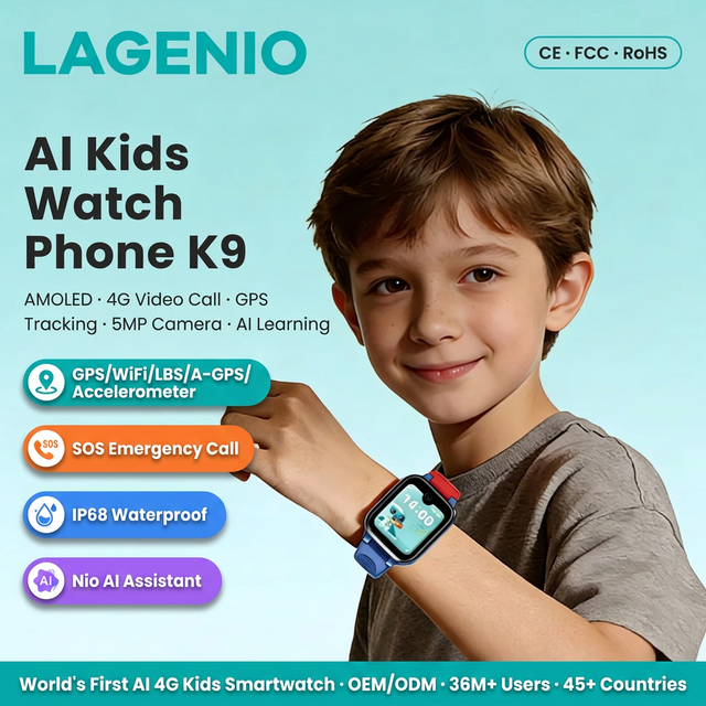 LAGENIO K9 4G SIM Card Kids Phone Watch Class Mode Safety Zone SOS IP68 Video Call Make Friend AI Learning Smart Watch for Kids