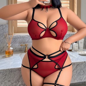 Ensemble de lingerie transparente SMOOTH Plus Size Spicy Girl, ensemble soutien-gorge et culotte fins à découpes ajourées pour femmes rondes et voluptueuses - Product Image 5