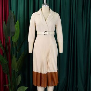 Traje Elegante de Otoño Invierno para Mujer, Plisado, Midi, Estilo Europeo Americano, Cuello de Solapa, Color Sólido, para Oficina - Product Image 6