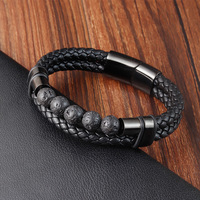 Bracelet en cuir tressé double couche pour homme avec perles en pierre de lave et fermoir magnétique en acier inoxydable PVD Gunblack