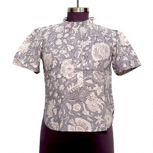 Blusa de Algodón con Estampado Floral para Mujer, Cuello Mao, Manga Corta, Estilo Casual, Corte Regular, para Todas las Temporadas, Popelina Tejida - Product Image 1