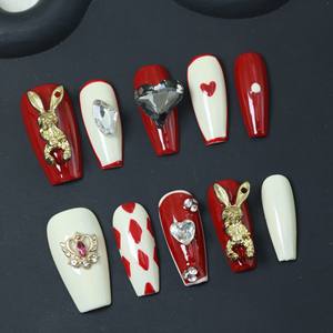 Uñas postizas acrílicas de lujo hechas a mano, precio de fábrica, estilo Y2K con diamantes de imitación, forma ataúd, cobertura completa 3D, puntas francesas. - Product Image 2