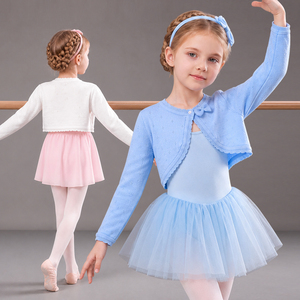 Cardigan da ballo per bambine, lavorato a <span class=keywords><strong>maglia</strong></span>, con fiocco e bordo arricciato, a maniche lunghe, corto, per balletto, feste e uso quotidiano - Product Image 2