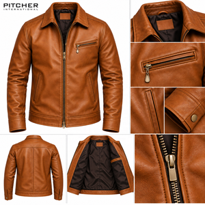 Veste en cuir marron pour homme, fermeture éclair, style décontracté, avec poche poitrine, vente en gros - Product Image 6