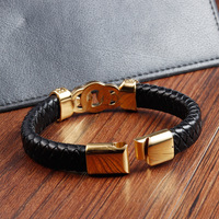 Bracelet de mode multicouche pour hommes fait à la main en cuir de vachette noir tissé en cuir véritable double fermoir en acier inoxydable cuir de vachette noir
