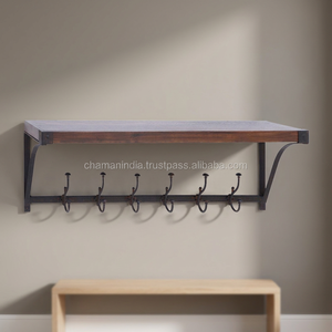 Chaman India Eco-Friendly Black Wooden Non-Folding Wall Shelf Metal Hooks Single Tier for Living Room Flower <b>Pots</b> Model 15607 - Product Image 3