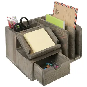 Wire Desk Organizer with Drawer Wood Desktop Storage Box for Office or Home-Mail Sorter and Note Pad Holder