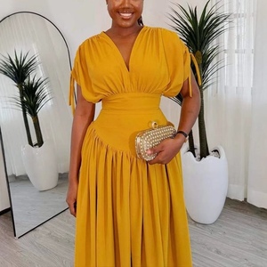 เดรสผู้หญิงคอวีเอวสม็อคสไตล์แอฟริกันใหม่สีพื้นเรียบหรูมีจีบแฟชั่น - Product Image 5