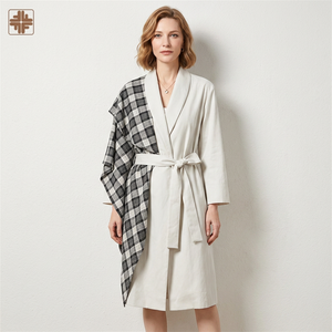 Robe en coton réversible à manches longues, motif à carreaux, style minimaliste, col rabattu, fermeture à nouer, à porter en toutes saisons - Product Image 1
