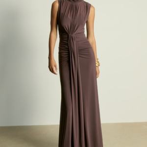 Robe mi-longue décontractée bohème 100 % coton écologique, transparente et froncée, couleur taupe, taille élastique, col carré, patchwork uni, idéale pour l'été - Product Image 1