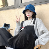 Topi Nelayan Denim Wanita Musim Semi Musim Gugur Retro Jepang Mahkota Bulat Pinggiran Lebar Pelindung Matahari Kepala Besar Serbaguna
