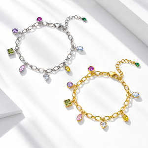Bracelet à breloques en zircon multicolore, acier inoxydable, plaqué or 14 carats, chaîne à maillons ovales ouverts - Product Image 1