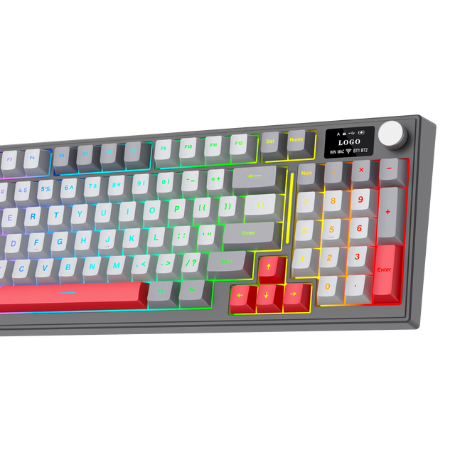 New OEM 95 Keys Tri Mode Connection RGB Light Effect Customized Layout Membrane Gaming Keyboard with OLED Screen Knob Full Size