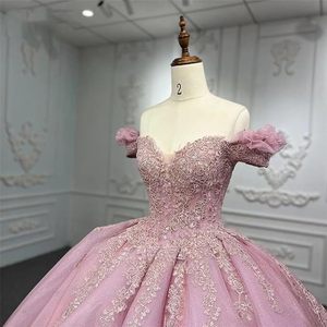 LY-QD0025 abito da ballo Quinceanera per ragazze adolescenti 15 anni con spalle scoperte <span class=keywords><strong>rosa</strong></span> gonna da <span class=keywords><strong>principessa</strong></span> con corsetto in pizzo abito da festa - Product Image 2