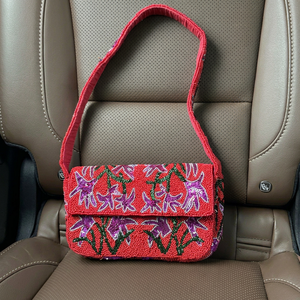 Handmade Washable Rectangular Handbag with Purple Flower Embroidery Polyester Textile Craft Daily Use - Product Image 1