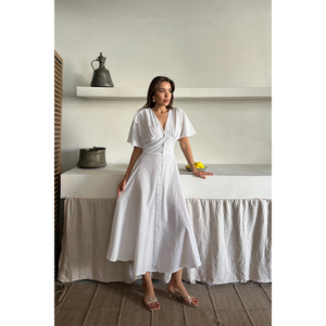 Vestido de Lino con Cuello en V y Botones al Frente, Color Blanco, Estilo Casual - Product Image 6