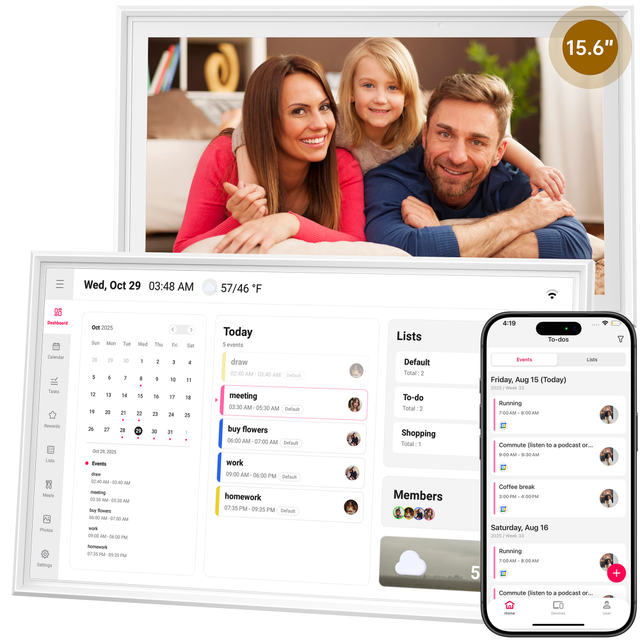 15.6 Inch WiFi Smart Digital Calendar Wall Mounted Touch Screen Day Clock with Photo Sync App for Home and Office Use Display