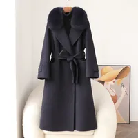 Nouveau Manteau Long en Cachemire Double Face pour Femme 2026 avec Col en Fourrure de Renard, Coupe Slim CT610