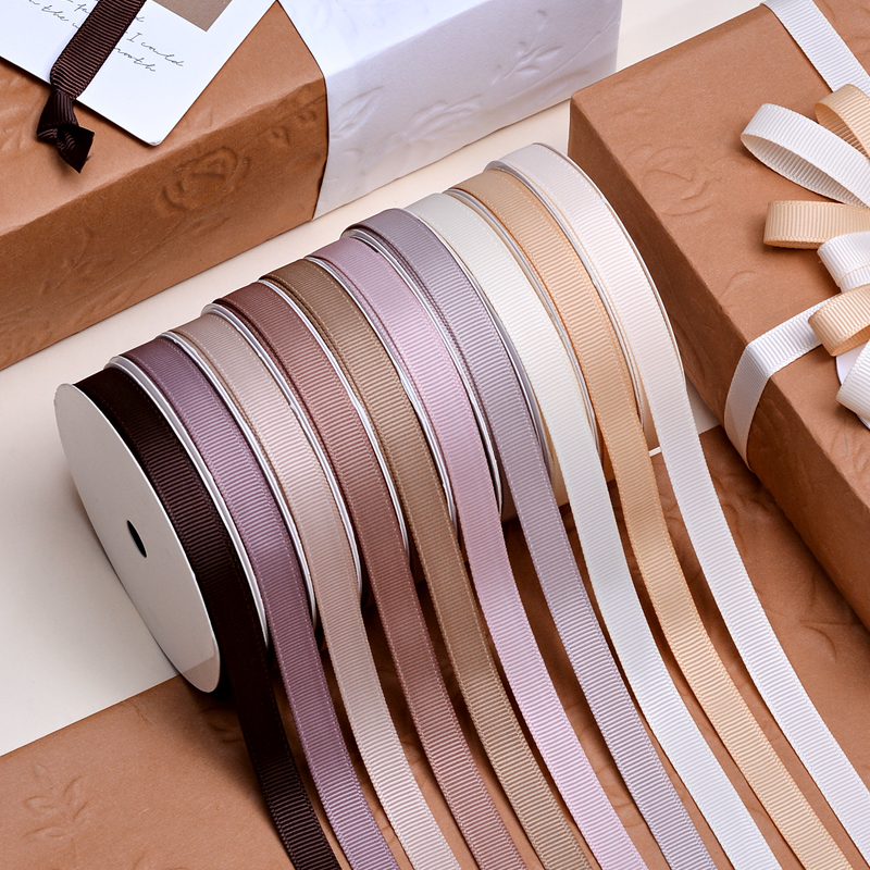 Ribest 9MM Champagne Polyester Grosgrain Ribbon for Bows Flower Packaging Wholesale 100Yard/Roll