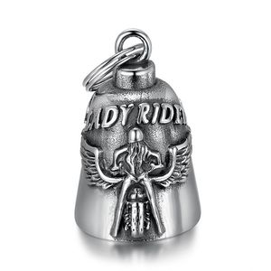 Collier avec pendentif cloche en acier inoxydable Lady Rider pour femme, cadeau avec breloque à motif d'ailes et de crâne - Product Image 1
