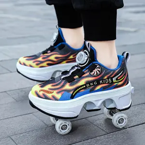 BKG Custom Retractable Outdoor Kick Out Roller Skate shoes 2 in 1 Children Deformation roller shoes for kids Kick Wheel Shoes