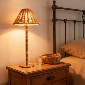 Bamboo Desk Lamp Beige Cane Shade Drum Shape Rustic Style LED <b>Light</b> Source Bedroom Use - Product Image 2