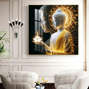 Nouvel arrivage de décoration intérieure de grande taille or bouddha fleur de lotus diamant religieux hindous dieu cristal porcelaine peinture art mural - Product Image 1