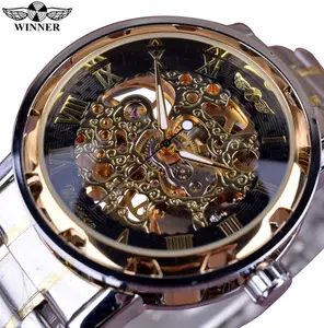 Top Reloj Winner Luxury Mechanical Watch Classic Design Transparent Case Golden Movement Inside Skeleton Wrist Watch Men Watches