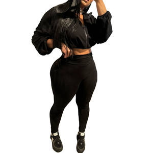 Осенний Женский Повседневный комплект из 2 предметов, однотонные облегающие леггинсы с длинным рукавом и шнуровкой на молнии - Product Image 4