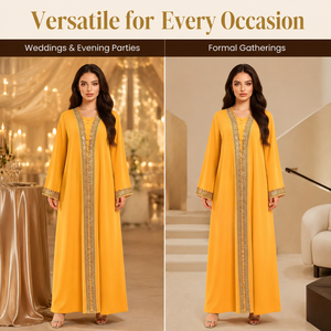 Espléndido Vestido Abaya Kaftan Musulmán para Mujer en Amarillo Sol, Bordado, con Bordes Festoneados, Ideal para Celebraciones - Product Image 2
