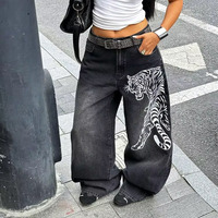 Pantalon en jean noir délavé et vieilli, coupe ample, jambe large, droit, longueur ras du sol, style American High Street, imprimé tigre blanc