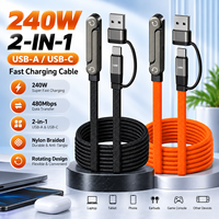 Kabel Pengisian Cepat 240W Teranyam 2 in 1, Stand Ponsel Lipat Putar, Dilengkapi Adaptor USB A untuk Smartphone Tipe C