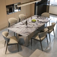 Table à manger en marbre de luxe moderne haut de gamme pour 6 personnes, pieds en acier inoxydable imperméables - Ensemble de meubles de salle à manger écologiques