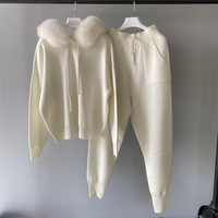Costume en tricot ample pour femmes, nouveau, bon marché, col en fausse fourrure, sweat à capuche, ensemble 2 pièces,